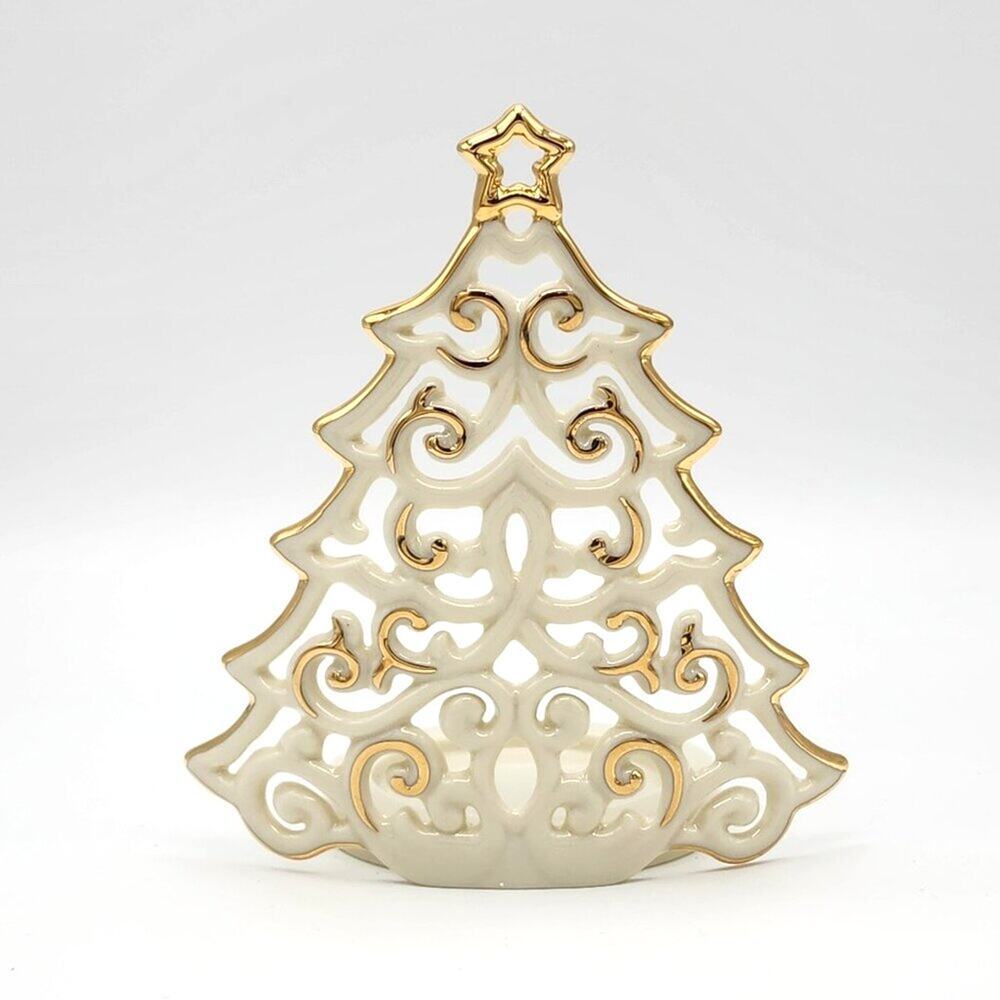Lenox Votive Candle Holder Christmas Tree Gold Trim 4"